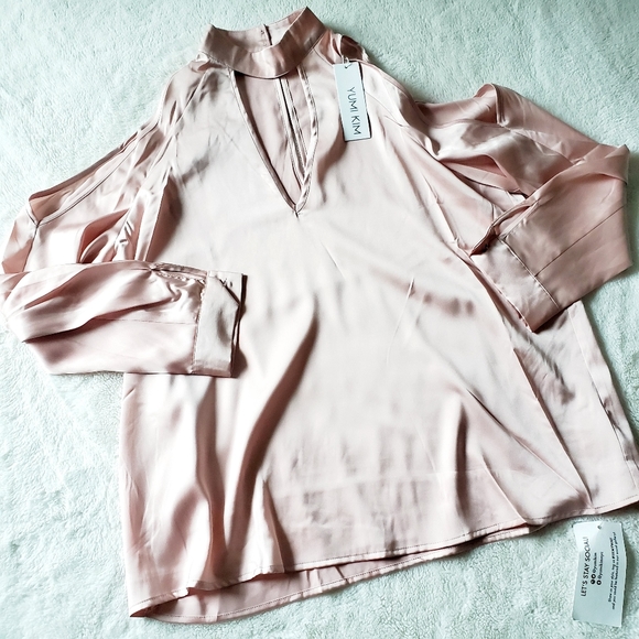 SOLD! - NWT ANTHRO | YUMI KIM satin pink cold shoulder top - Picture 2 of 5